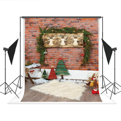 Brick Wall Wood Floor Christmas Backdrop for Photos