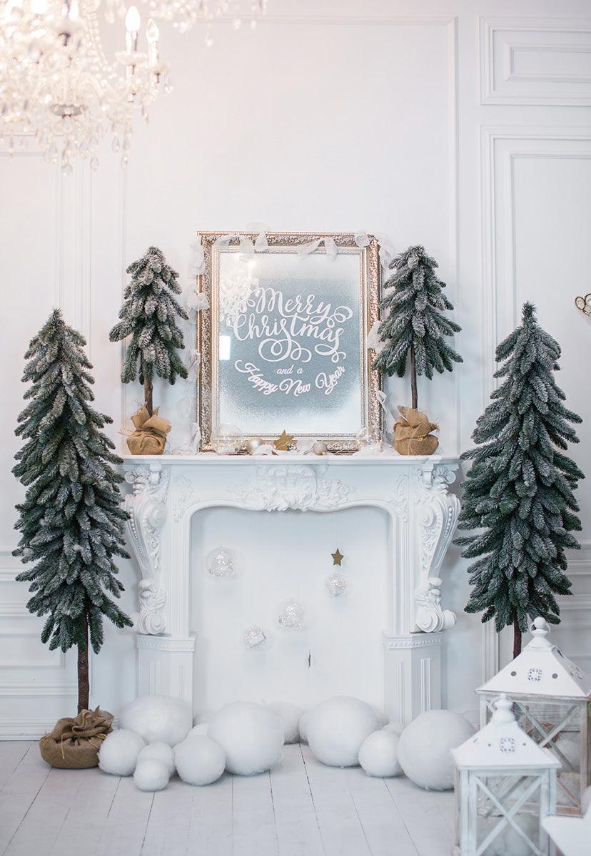 Christmas White Fireplace Wood Floor Pine Photo Backdrop for Studio