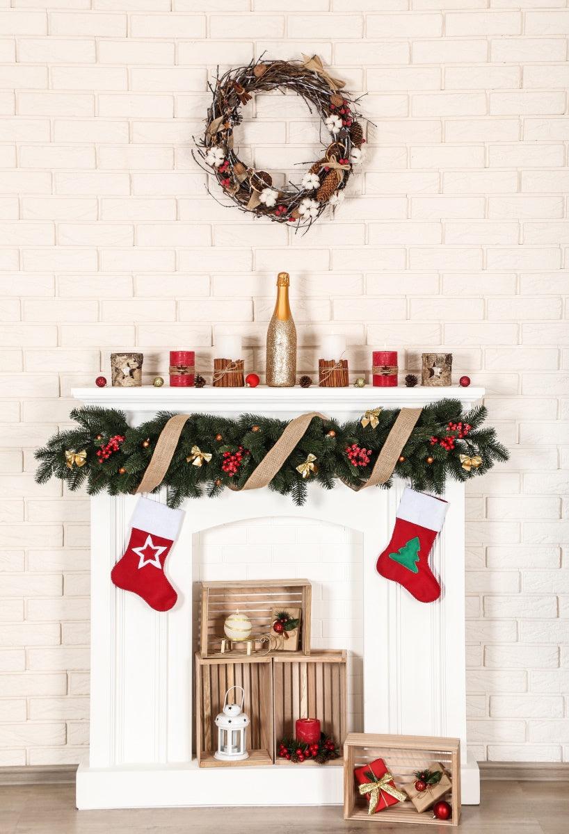 White Fireplace Christmas Brick Wall Photo Backdrops – Starbackdrop