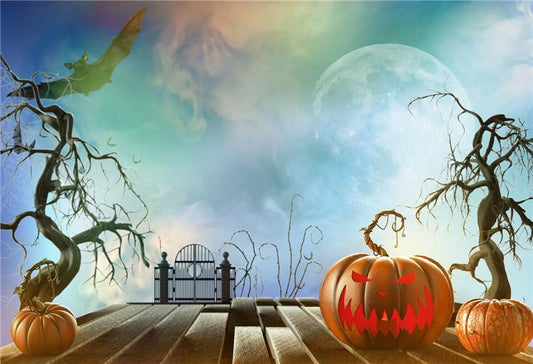 Big Moon Pumpkin Wood Floor Halloween Backdrop