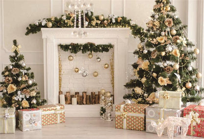 Christmas White Brick Fireplace Wood Floor Photography Backdrop