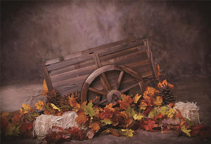 Brown Fall Leaves Wooden Cart Haystack Backdrops