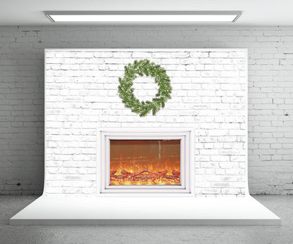 White Brick Wall Christmas Fireplace Photo Backdrops