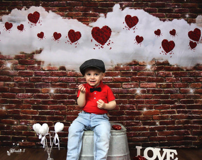 Red Brick Wall White Cloud Glitter Valentine's Day Backdrops