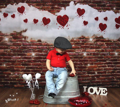 Red Brick Wall White Cloud Glitter Valentine's Day Backdrops