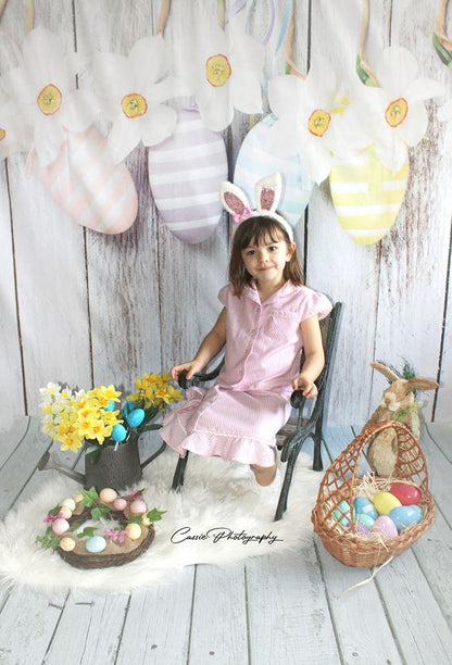 White Wood Eggs Flowers Easter Photo Backdrop for Studio