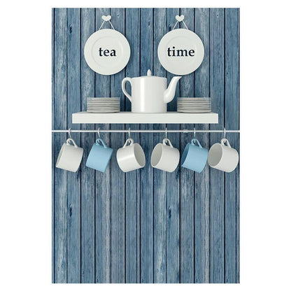 Blue Wood Wall With Cups Backdrop For Tea Time Photography