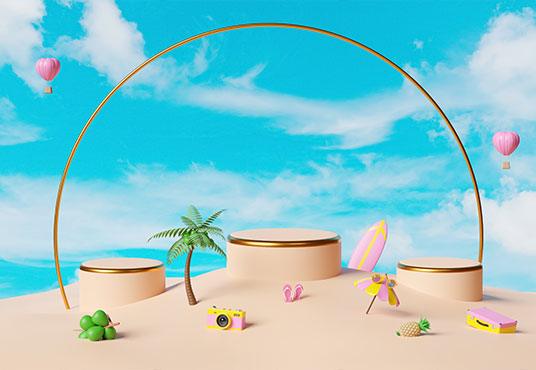 Cylinder Stage with Surfboard Beach Palm Coconut Tree Island Blue Sky Background SBH0127