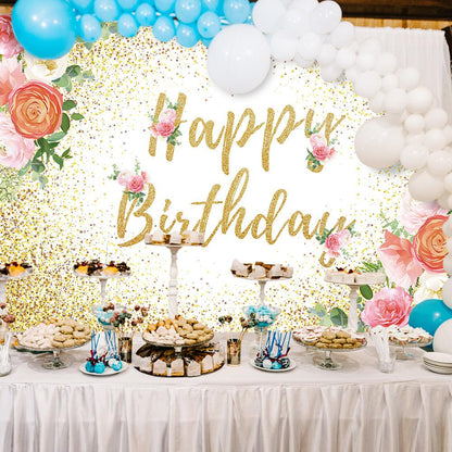 Flower Decoration Happy Birthday Backdrop for Birthday Party