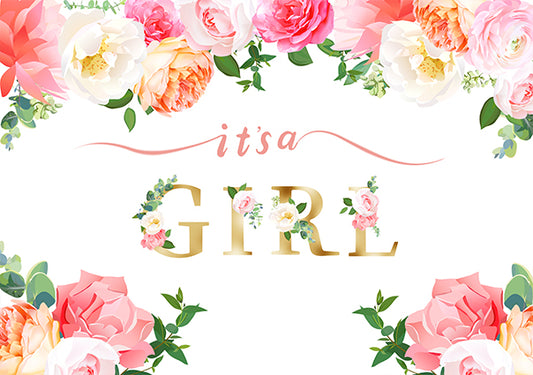 It's a Girl Baby Shower Backdrop, Girl Watercolor Floral Baby