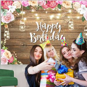 Happy Birthday Flower Decoration Romantic Wood Texture Photography Backdrop for Studio