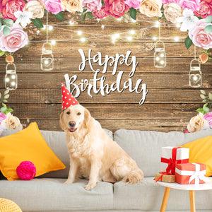 Happy Birthday Flower Decoration Romantic Wood Texture Photography Backdrop for Studio