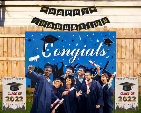 Blue Graduation Party Backdrop Blue Background Curtain Congratulations ...