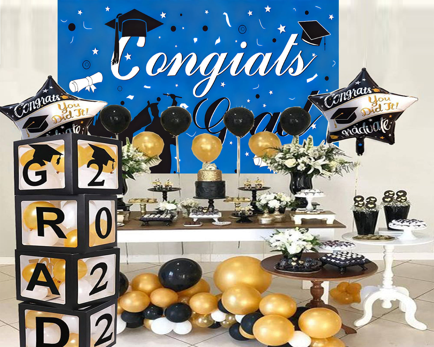 Blue Graduation Party Backdrop Blue Background Curtain Congratulations Graduation Party TKH1843