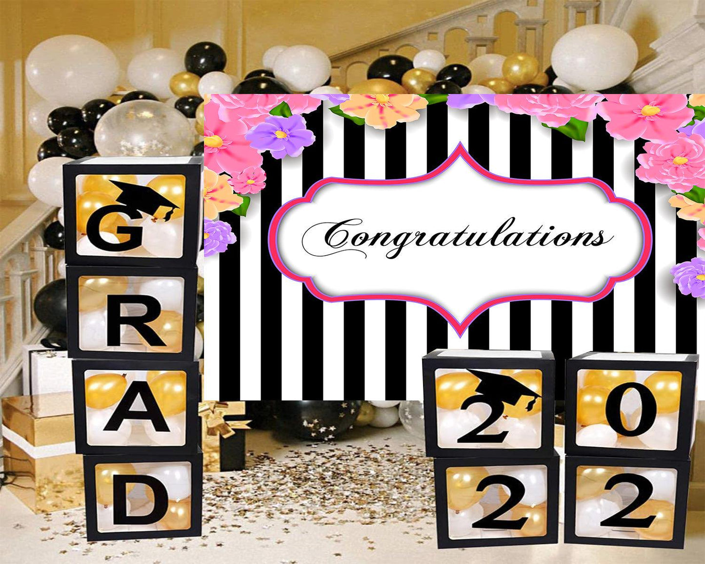 Black and White Stripe Graduation Celebration Backdrop for Photography Graduation Party Decorations TKH1847