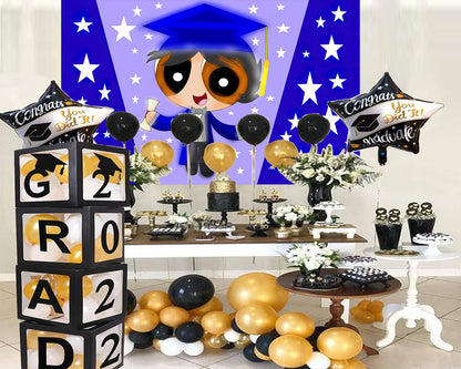 Blue Cartoon Character Graduation Party Backdrop for Photography TKH1884